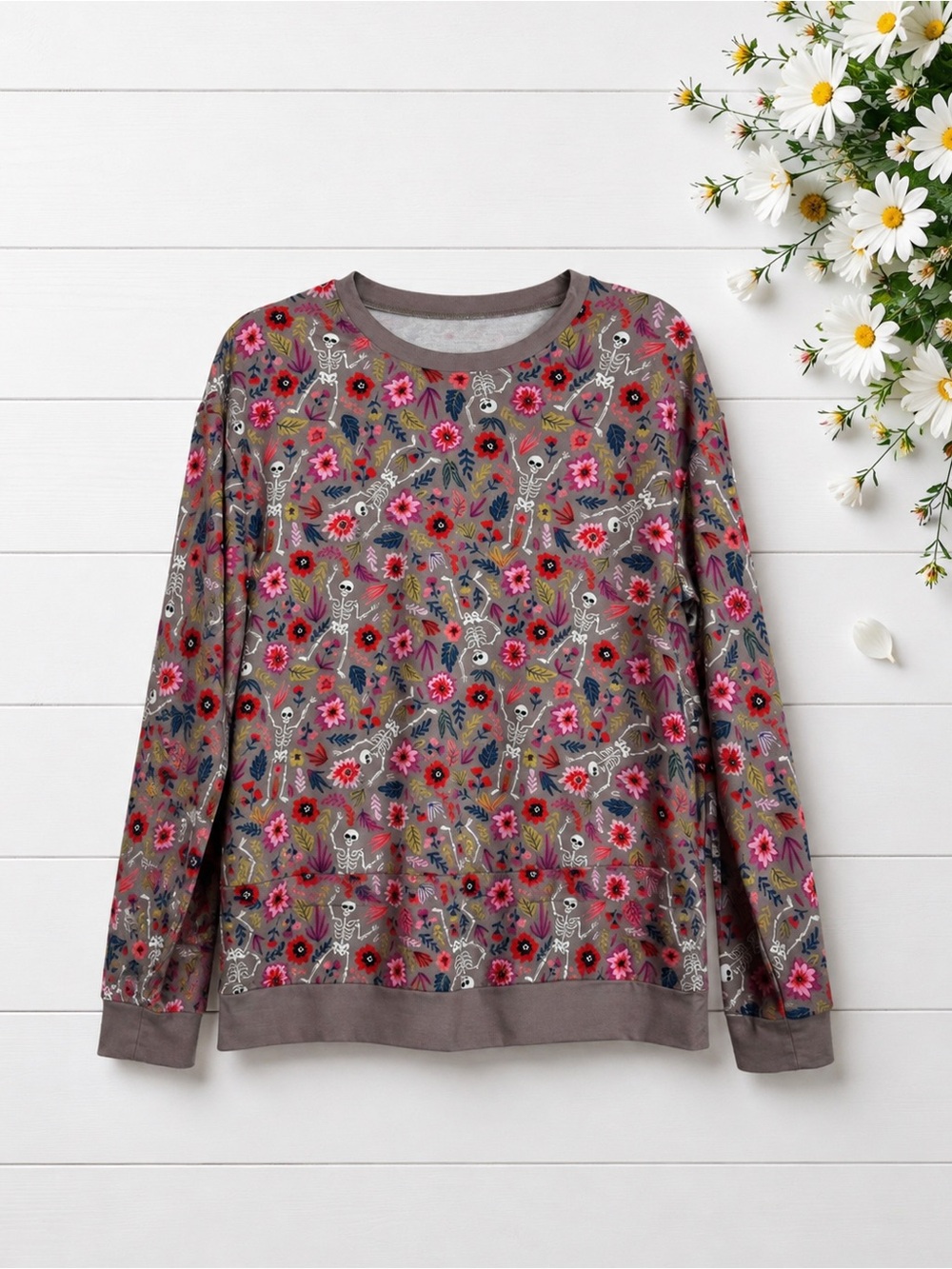 Floral Skeleton Print Crewneck Pullover Sweater artsy Halloween style
